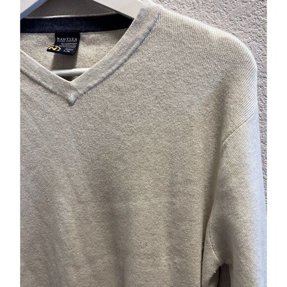 Nautica Mens Sweater Pullover Beige Long Sleeve V Neck Cotton Wool Size Large - Picture 7 of 9